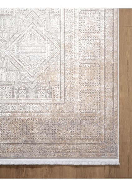 Vogue VG009A Bej Gri Çerçeveli Geometrik Desen Modern Renk 100 Tarak Salon Halısı Ipek Serisi indirimleri