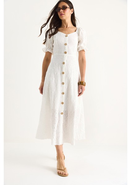 Kadın Düğme Aksesuarlı Astarlı Örme Brode Elbise - modelleri