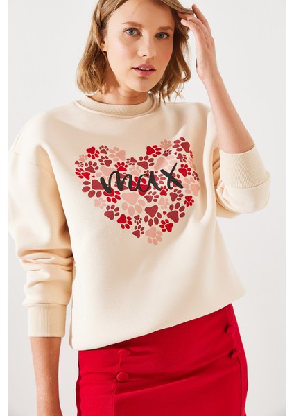 Kadın Üç Iplik Şardonlu Yuvarlak Yaka Pati Baskılı Sweatshirt Mbhs