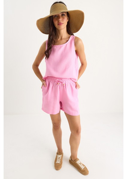 Kadın Kalın Askılı Bluz Beli Lastikli Cep Dataylı Şort Müslin Takım