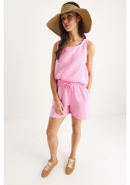 Kadın Kalın Askılı Bluz Beli Lastikli Cep Dataylı Şort Müslin Takım fiyatları