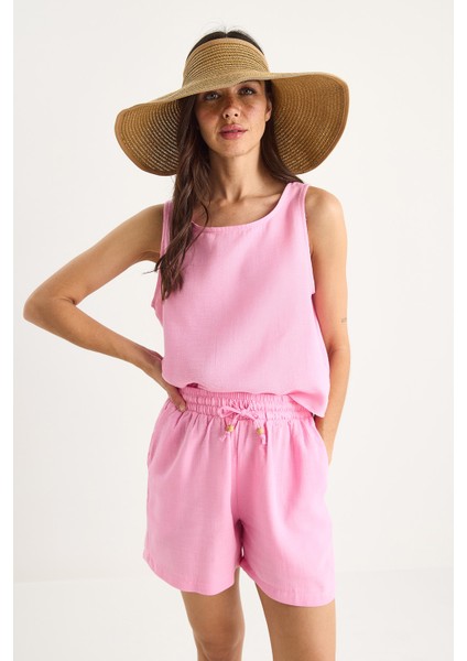 Kadın Kalın Askılı Bluz Beli Lastikli Cep Dataylı Şort Müslin Takım fırsatları