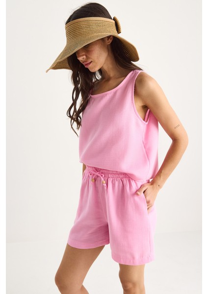 Kadın Kalın Askılı Bluz Beli Lastikli Cep Dataylı Şort Müslin Takım indirimleri