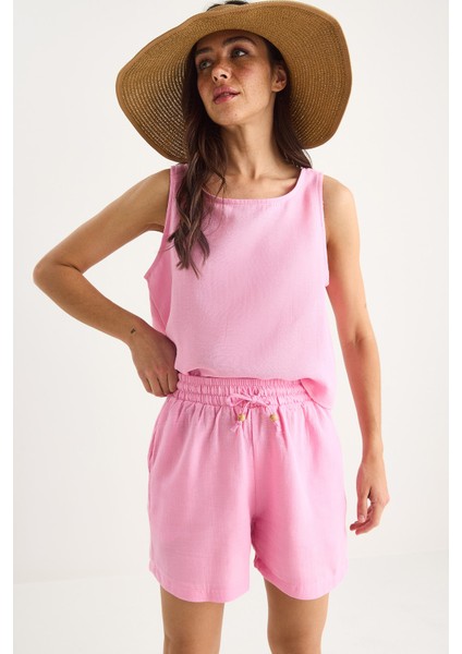 Kadın Kalın Askılı Bluz Beli Lastikli Cep Dataylı Şort Müslin Takım