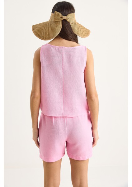 Kadın Kalın Askılı Bluz Beli Lastikli Cep Dataylı Şort Müslin Takım