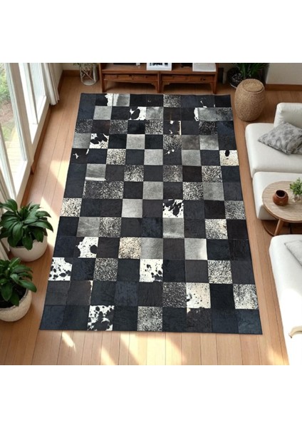 El Yapımı Siyah Beyaz Patchwork Halı – Doğal Dana Derisi Şık Yatak Odası Halısı fiyatları