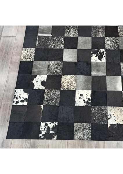 El Yapımı Siyah Beyaz Patchwork Halı – Doğal Dana Derisi Şık Yatak Odası Halısı modelleri