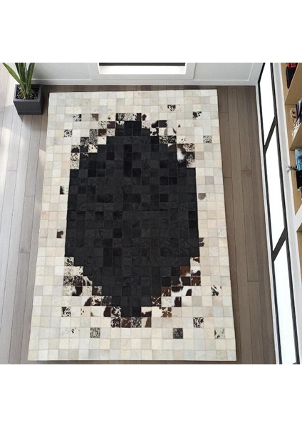 Doğal Dana Derisi Patchwork Halı – Siyah Bej Renkli El Yapımı Modern Ortam Halısı