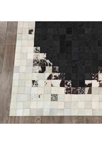 Doğal Dana Derisi Patchwork Halı – Siyah Bej Renkli El Yapımı Modern Ortam Halısı fiyatları
