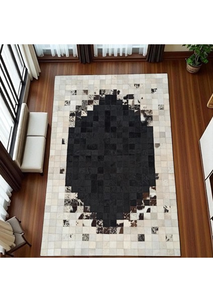 Doğal Dana Derisi Patchwork Halı – Siyah Bej Renkli El Yapımı Modern Ortam Halısı modelleri