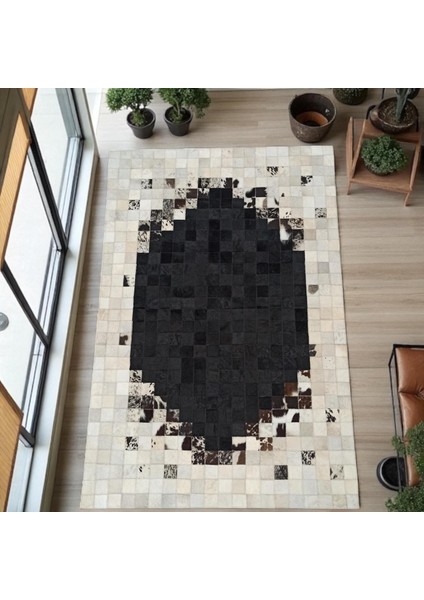 Doğal Dana Derisi Patchwork Halı – Siyah Bej Renkli El Yapımı Modern Ortam Halısı fırsatları