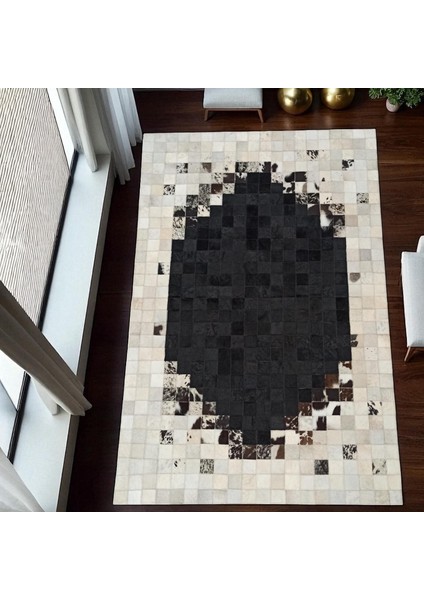 Doğal Dana Derisi Patchwork Halı – Siyah Bej Renkli El Yapımı Modern Ortam Halısı indirimleri