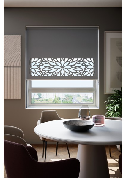 Lazer Kesim Mat Stor Perde, Lazer Kesimli Modern Serisi, M-131004 Antrasit Renk