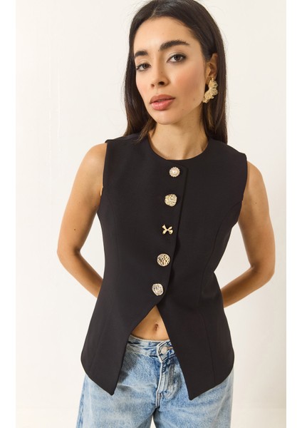 Kadın Regular Bisilet Yaka Gold Düğme Detaylı Astarlı Dokuma Yelek