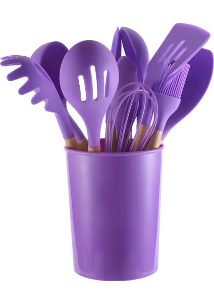 Mor Silikon 11'li Isıya Dayanıklı Kepçe ve Spatula Seti, Standlı ve Pratik Kullanım