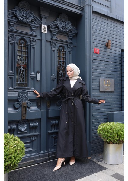 Kadın Kuşaklı Çift Düğmeli Astarlı Bondit Siyah Trençkot modelleri