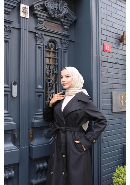 Kadın Kuşaklı Çift Düğmeli Astarlı Bondit Siyah Trençkot fırsatları