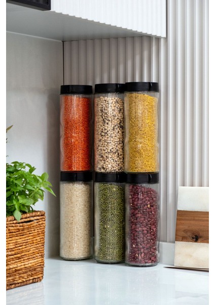 6'lı Cam Büyük Boy Kavanoz Seti, Şık ve Kullanışlı Saklama Kabı, Siyah Detaylı