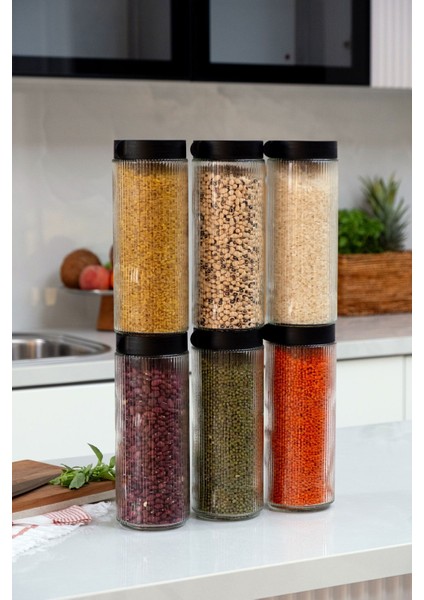 6'lı Cam Büyük Boy Kavanoz Seti, Şık ve Kullanışlı Saklama Kabı, Siyah Detaylı fiyatları