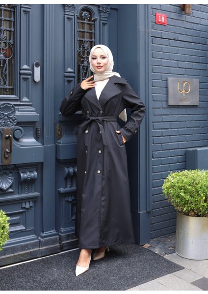 Kadın Kuşaklı Çift Düğmeli Astarlı Bondit Siyah Trençkot