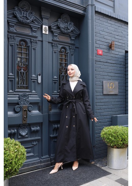 Kadın Kuşaklı Çift Düğmeli Astarlı Bondit Siyah Trençkot fiyatları