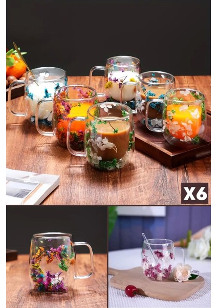 6'lı Çift Cidarlı Çiçekli Cam Bardak 250ML El Yapımı Kulplu