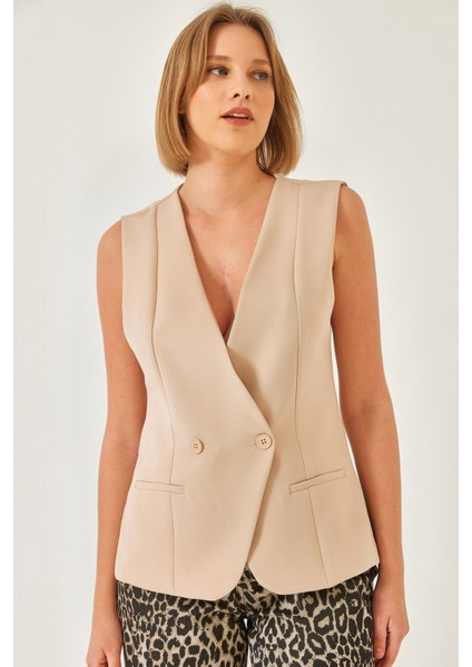 Kadın V Yaka Tek Düğmeli Kruvaze Yelek