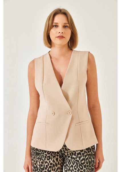 Kadın V Yaka Tek Düğmeli Kruvaze Yelek fiyatları