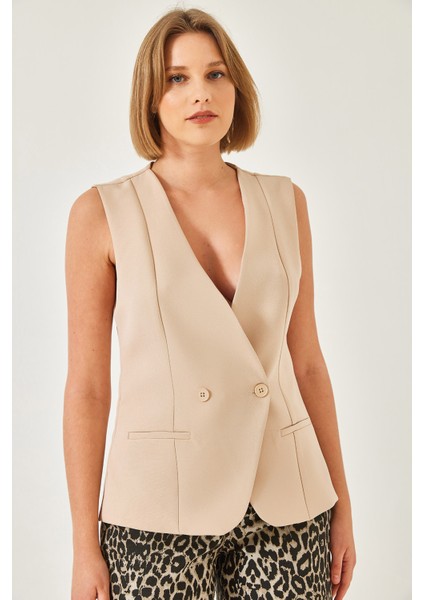 Kadın V Yaka Tek Düğmeli Kruvaze Yelek modelleri