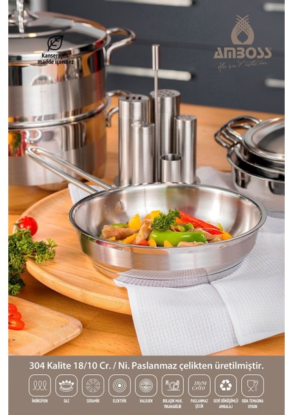 Paslanmaz Çelik 22 cm Tava, Indüksiyon Tabana, Kapaksız, Dayanıklı ve Şık Tasarım