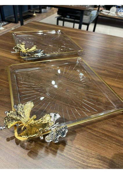 Turuncu Kelebekli Kare Madlen Sunum Servis Tabakları 2'li Set