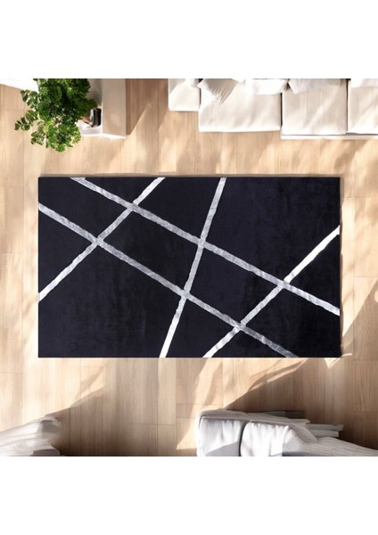 Gümüş Çizgili Siyah Peluş Halı - Şık Modern Salon Halısı