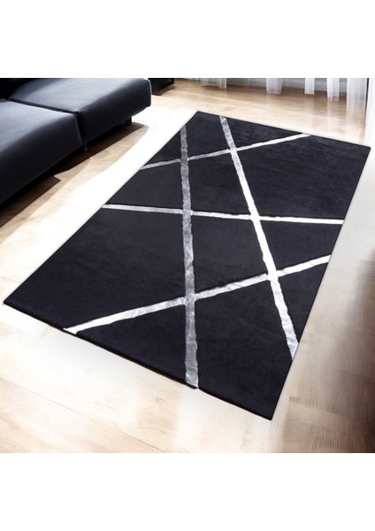 Gümüş Çizgili Siyah Peluş Halı - Şık Modern Salon Halısı fiyatları