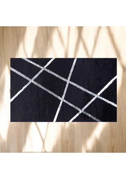 Gümüş Çizgili Siyah Peluş Halı - Şık Modern Salon Halısı modelleri