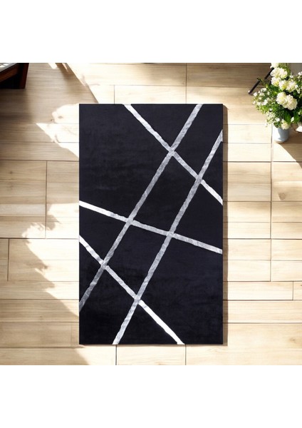 Gümüş Çizgili Siyah Peluş Halı - Şık Modern Salon Halısı indirimleri