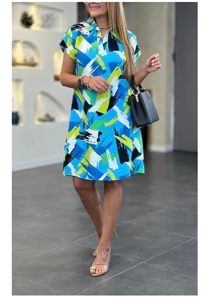 Omuz Drapeli Polo Yaka Keten Elbise