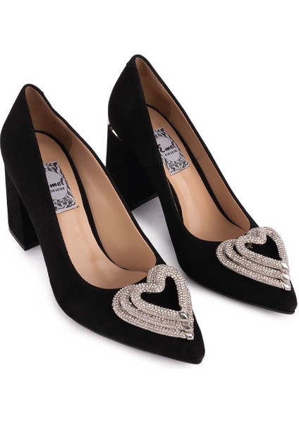Hakiki Deri Süet Kalp Tasarımlı Fantezi Ayakkabı Siyah Süet 47002