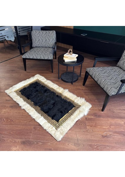 Siyah Krem Renkli Altın Kenarlı Koyun Derisi Halı, Doğal Renkli Kaymaz Tabanlı Halı