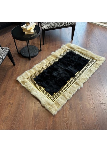 Siyah Krem Renkli Altın Kenarlı Koyun Derisi Halı, Doğal Renkli Kaymaz Tabanlı Halı fiyatları