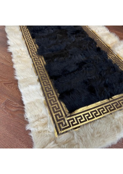 Siyah Krem Renkli Altın Kenarlı Koyun Derisi Halı, Doğal Renkli Kaymaz Tabanlı Halı modelleri