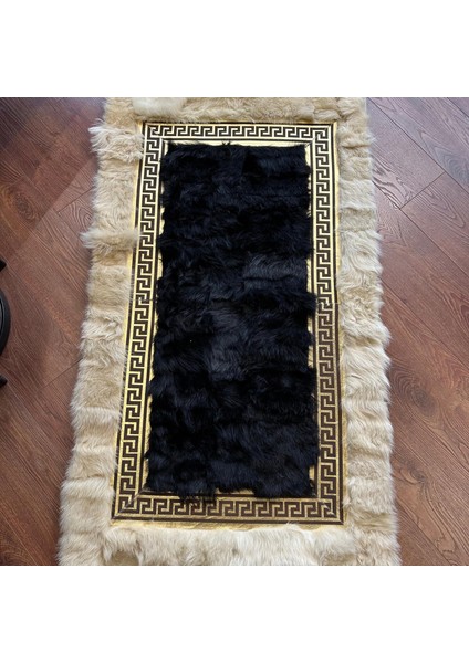 Siyah Krem Renkli Altın Kenarlı Koyun Derisi Halı, Doğal Renkli Kaymaz Tabanlı Halı fırsatları