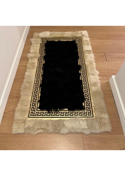Siyah Krem Renkli Altın Kenarlı Koyun Derisi Halı, Doğal Renkli Kaymaz Tabanlı Halı indirimleri