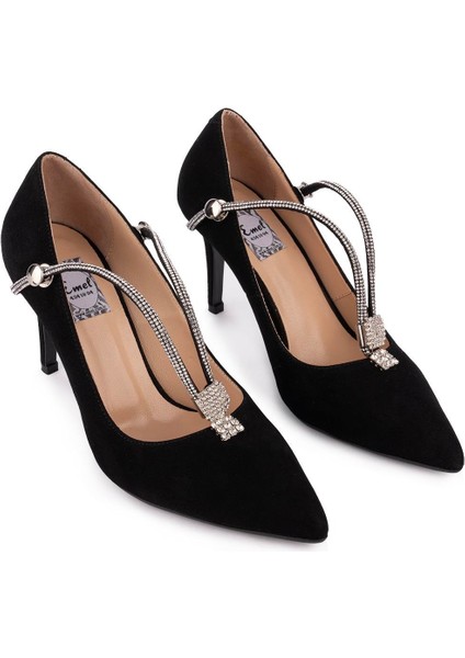 Hakiki Deri Taşlı Kemerli Süet Fantezi Ayakkabı Siyah 45809