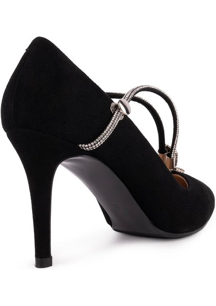 Hakiki Deri Taşlı Kemerli Süet Fantezi Ayakkabı Siyah 45809 modelleri