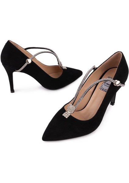 Hakiki Deri Taşlı Kemerli Süet Fantezi Ayakkabı Siyah 45809 fırsatları