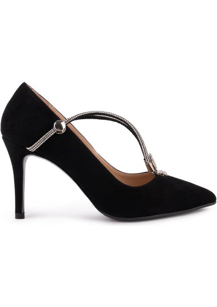 Hakiki Deri Taşlı Kemerli Süet Fantezi Ayakkabı Siyah 45809 indirimleri