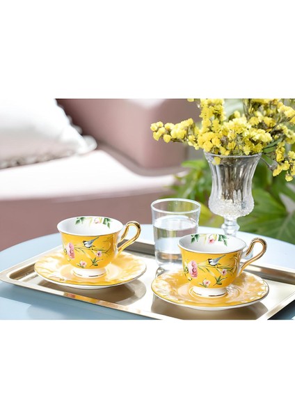 Şık 2'li Sarı Seramik Kahve Fincan Takımı, 90 Ml, Modern Tasarım