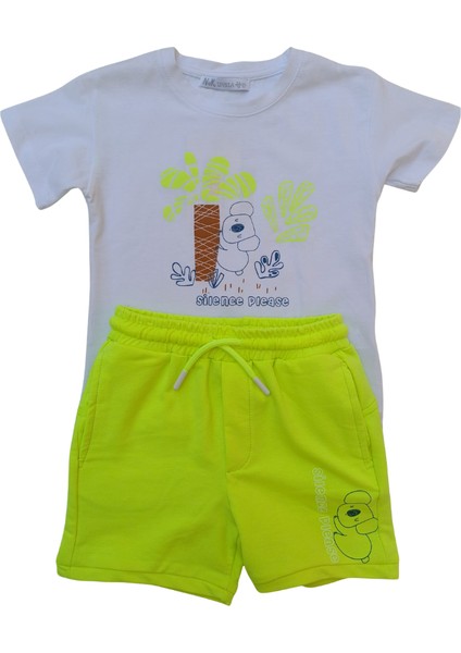 NK Kids Kız Çocuk İkili Takım – Silence Please Baskılı Beyaz T-Shirt Sarı Şort
