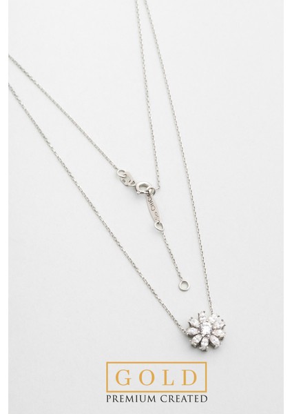 Beyaz Altın Sertifikalı Premium Created Taşlı 42 cm Çiçek Kolye