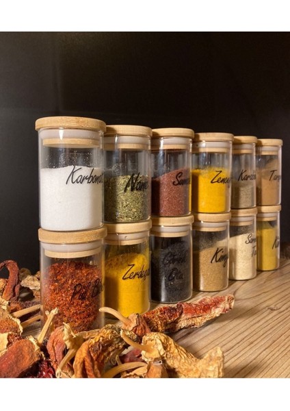 12'li Bambu Kapaklı Cam Baharatlık Seti, 180 Ml, Etiketli, Vakumlu ve Şık Tasarım